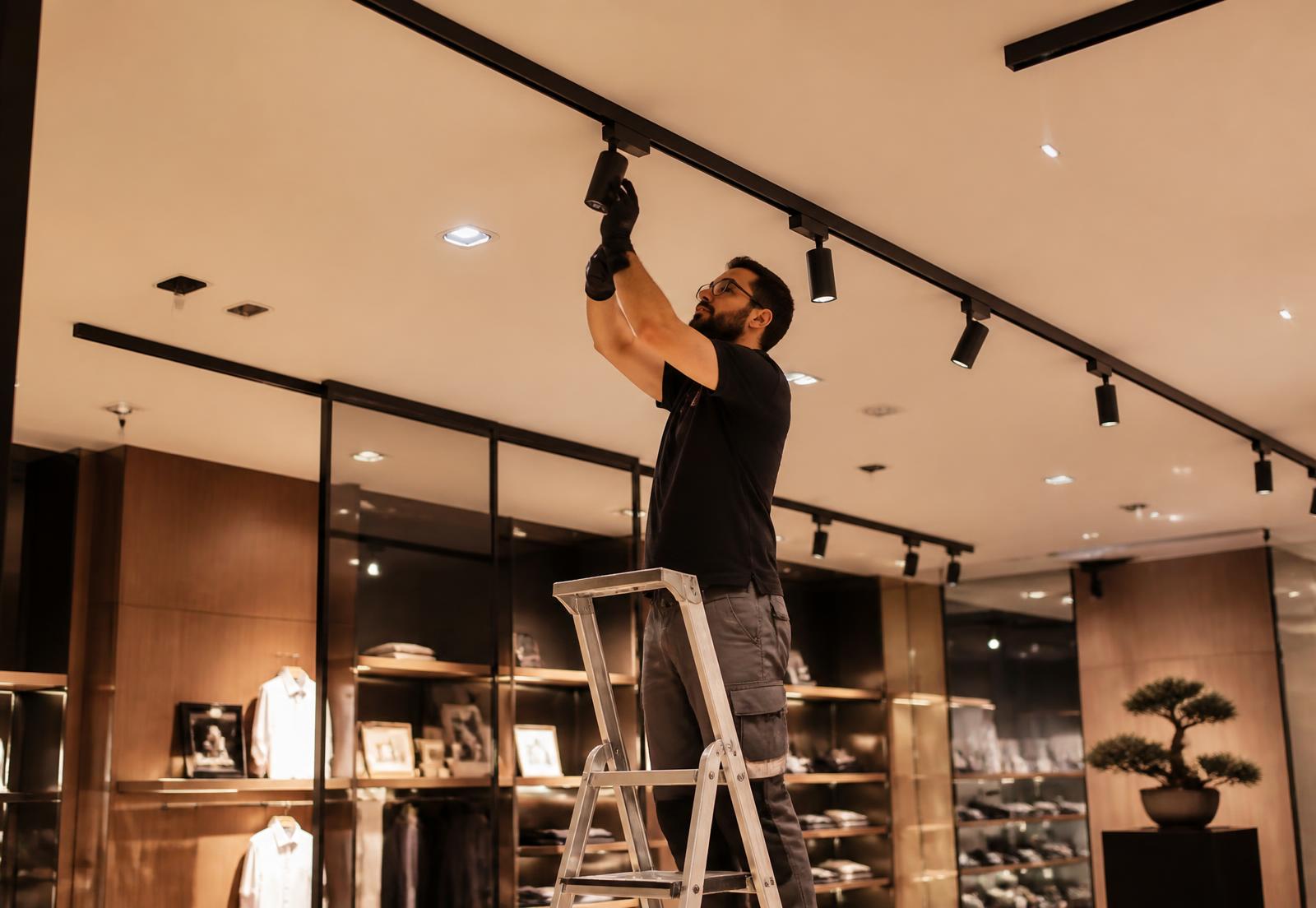 Installation de rails d'éclairage LED dans un commerce