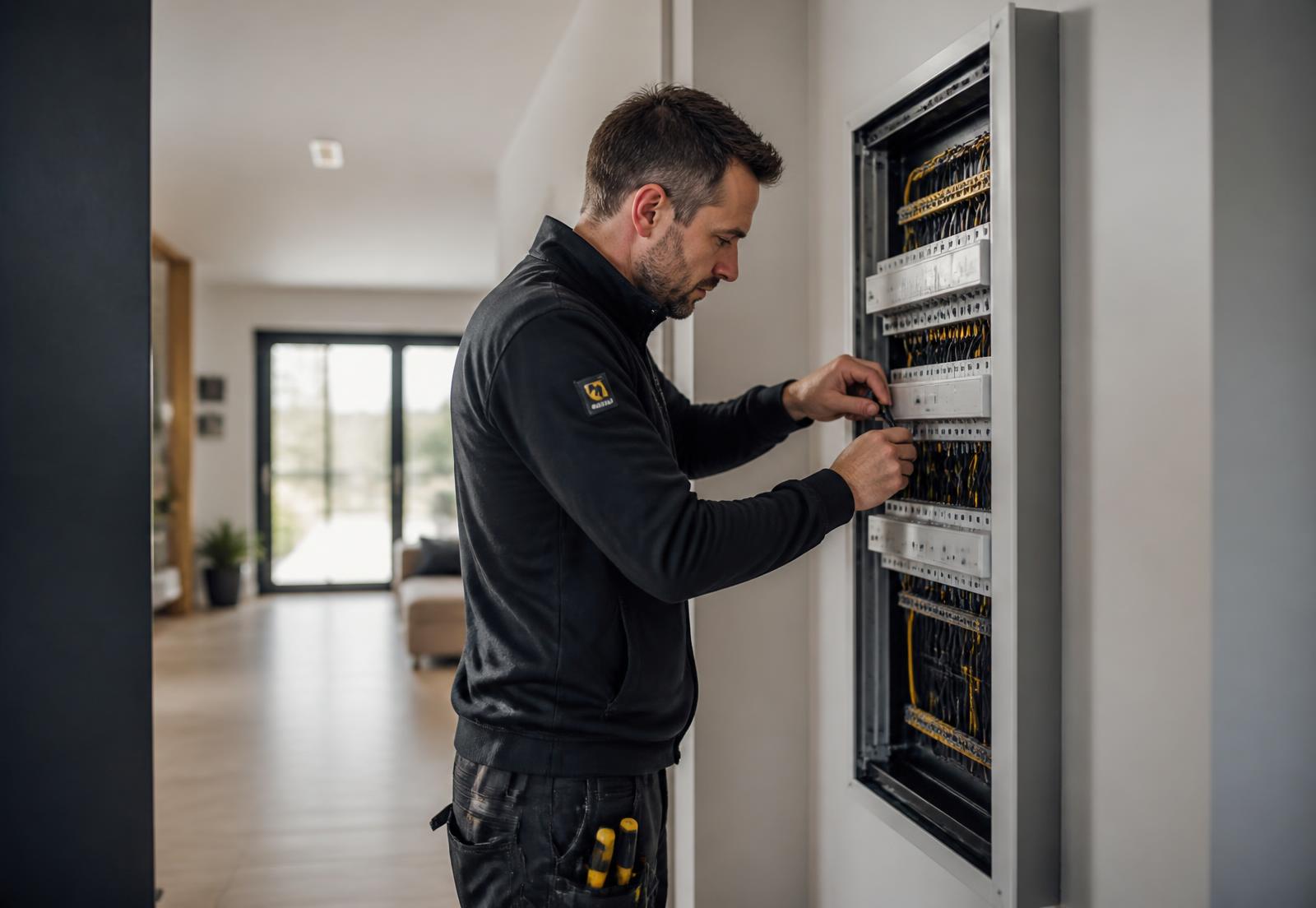 Électricien LigéVolt câblant un tableau électrique moderne dans une maison